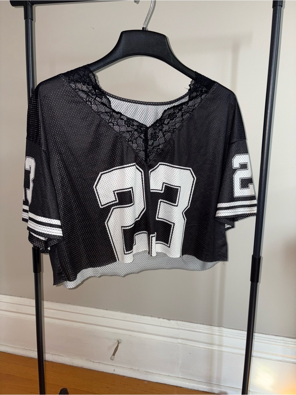 SHEIN Black Lace-Trim Mesh Crop Top with White '23' Graphic